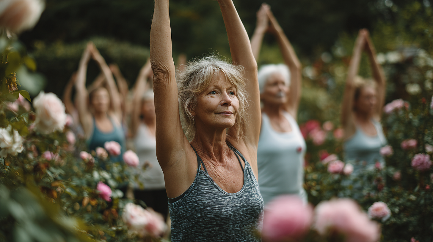 Doi prieteni vârstnici practicând yoga împreună